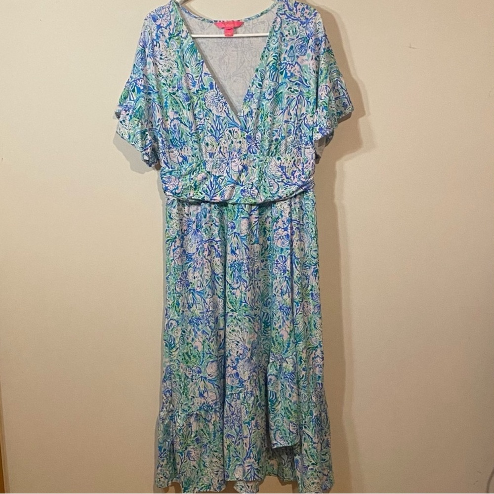 Lilly Pulitzer Sz XL Surf Blue Soleil It On Me Juliet Wrap Midi Dress - Picture 2 of 6